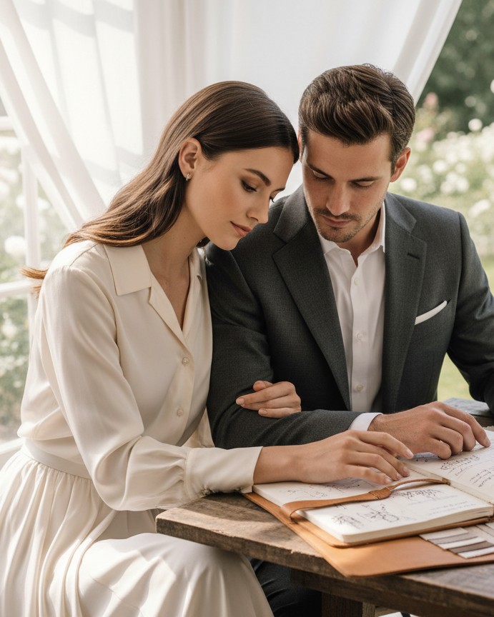 An elegant couple sitting together at a table, thoughtfully reviewing a wedding planning notebook, soft natural light, romantic and editorial style