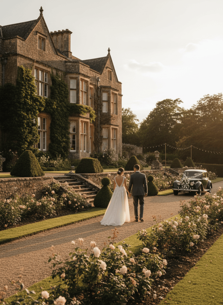 Editorial wedding photography, tall portrait. A stunning British countryside wedding venue exterior at golden hour, historic stone manor with ivy, manicured gardens, warm inviting light. Refined luxury travel-magazine aesthetic, muted natural palette.